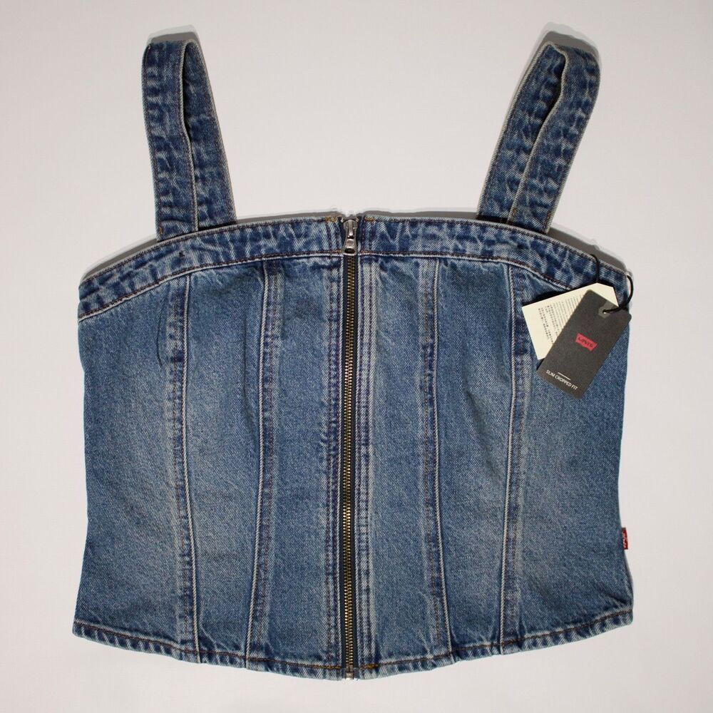 NWT $69.50 Levi's Denim Sculpted Bustier Tank Top Zipper Elastic Back Women Sz S - Picture 3 of 13